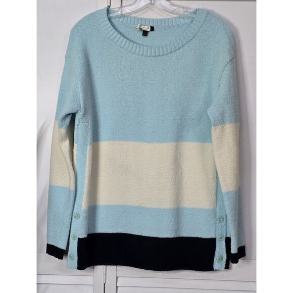 Talbots Chenille Sweater Ivory Blue Color Block Size S Side Buttons Crew Neck - Picture 2 of 5